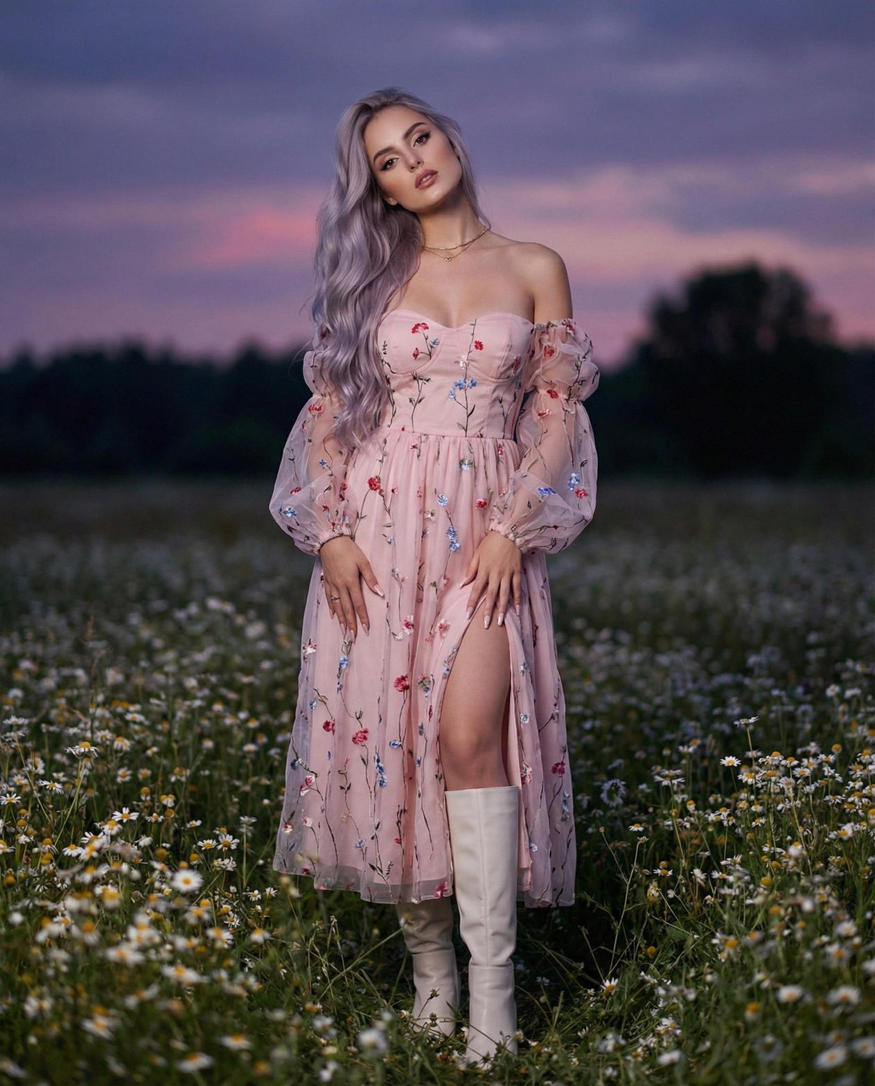 Allison Hernandez in an embroidered pink dress, full length, at dusk.